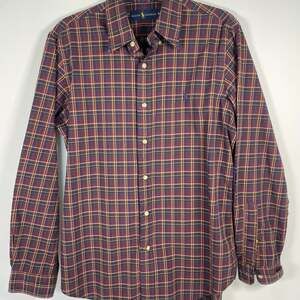 Polo Ralph Lauren Mens Medium Plaid Button Down Shirt Burgundy Blue Yellow